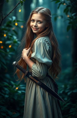 A beautiful teenage girl from the medieval British era, with long flowing hair dressed in an elegant period-appropriate gown, standing in a mystical forest