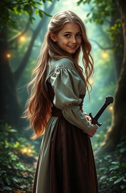 A beautiful teenage girl from the medieval British era, with long flowing hair dressed in an elegant period-appropriate gown, standing in a mystical forest
