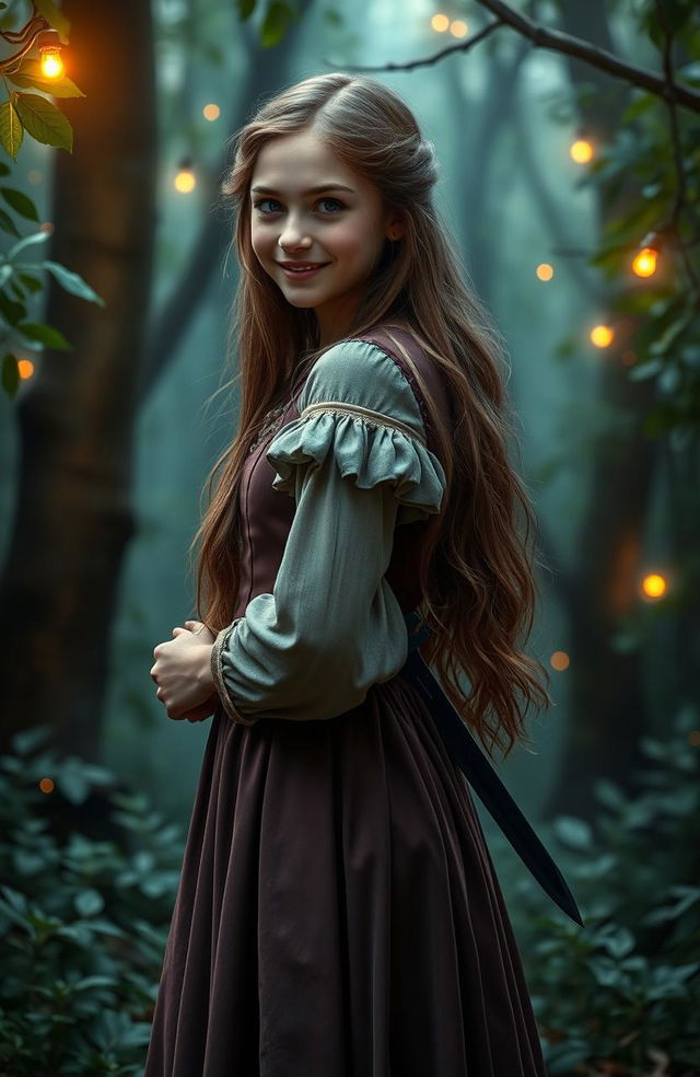 A beautiful teenage girl from the medieval British era, with long flowing hair dressed in an elegant period-appropriate gown, standing in a mystical forest