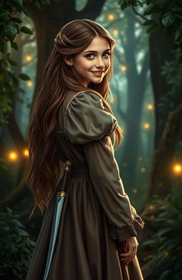 A beautiful teenage girl from the medieval British era, with long flowing hair dressed in an elegant period-appropriate gown, standing in a mystical forest
