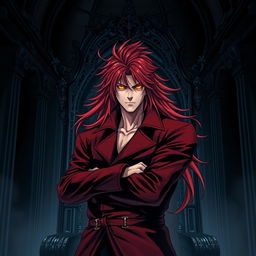 An intense light novel cover showcasing a tall male character with long, shaggy crimson hair that flows dramatically around him