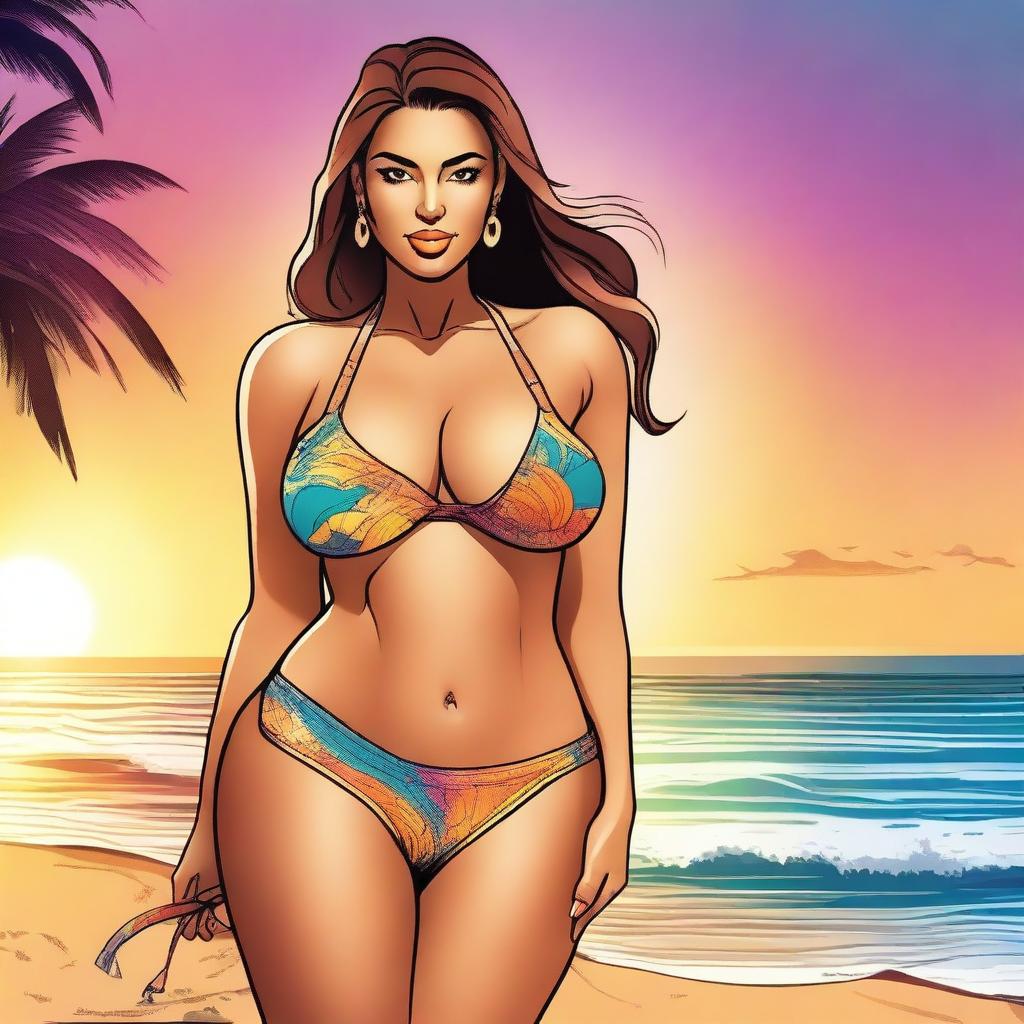 A digital art image of a confident woman in a fashionable bikini