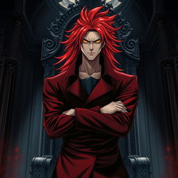 An intense light novel cover showcasing a tall male character with long, shaggy crimson hair that flows dramatically around him