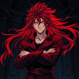 An intense light novel cover showcasing a tall male character with long, shaggy crimson hair that flows dramatically around him