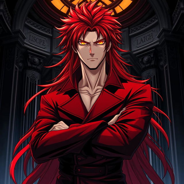 An intense light novel cover showcasing a tall male character with long, shaggy crimson hair that flows dramatically around him