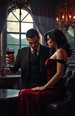 A captivating dark romance scene set in a dimly lit, opulent room, featuring a mysterious, brooding mafia figure with a sharp suit and a hint of danger in his eyes