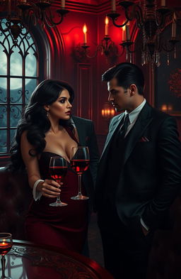 A captivating dark romance scene set in a dimly lit, opulent room, featuring a mysterious, brooding mafia figure with a sharp suit and a hint of danger in his eyes