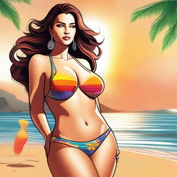 A digital art image of a confident woman in a fashionable bikini