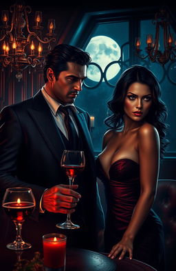 A captivating dark romance scene set in a dimly lit, opulent room, featuring a mysterious, brooding mafia figure with a sharp suit and a hint of danger in his eyes