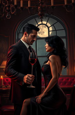 A captivating dark romance scene set in a dimly lit, opulent room, featuring a mysterious, brooding mafia figure with a sharp suit and a hint of danger in his eyes