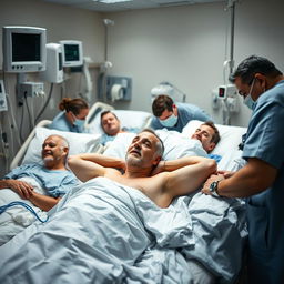 A poignant and emotional scene in an intensive care unit (ICU), featuring adult men in hospital beds, surrounded by medical equipment such as monitors and IV stands