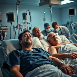 A poignant and emotional scene in an intensive care unit (ICU), featuring adult men in hospital beds, surrounded by medical equipment such as monitors and IV stands