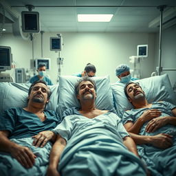 A poignant and emotional scene in an intensive care unit (ICU), featuring adult men in hospital beds, surrounded by medical equipment such as monitors and IV stands