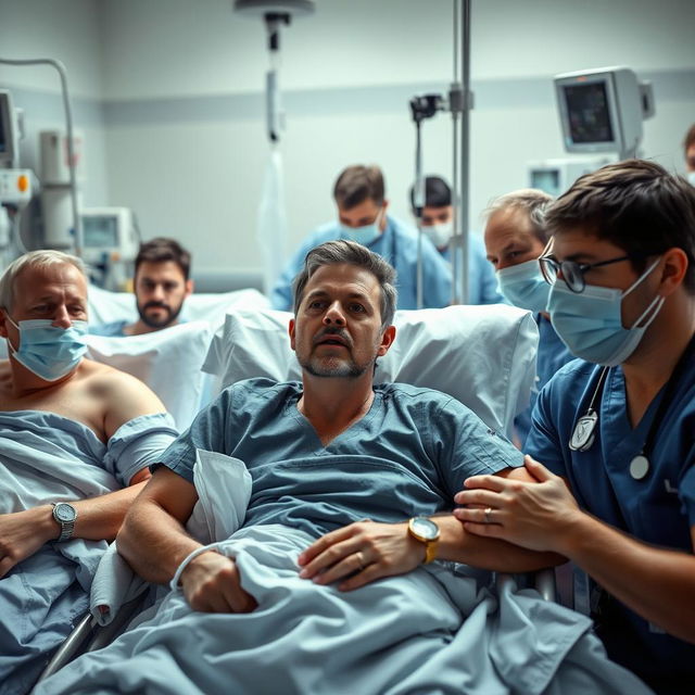 A poignant and emotional scene in an intensive care unit (ICU), featuring adult men in hospital beds, surrounded by medical equipment such as monitors and IV stands