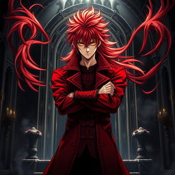 A striking light novel cover featuring a tall male character with long, shaggy crimson hair that dramatically flows around him, capturing the viewer's attention