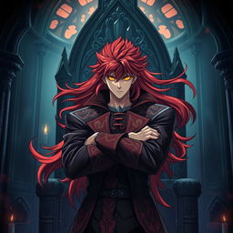 A striking light novel cover featuring a tall male character with long, shaggy crimson hair that dramatically flows around him, capturing the viewer's attention