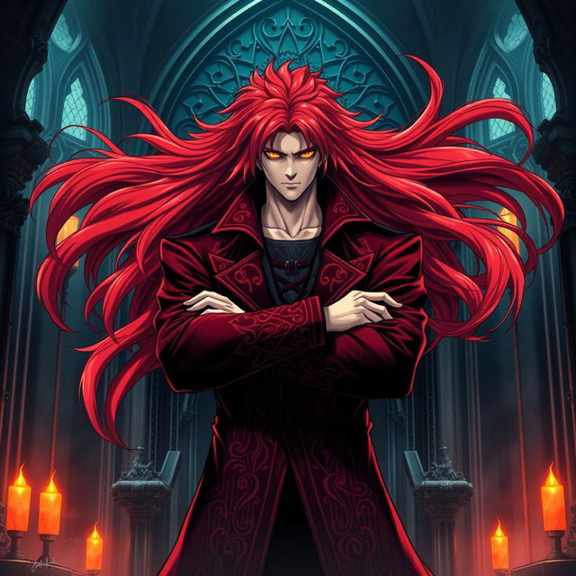 A striking light novel cover featuring a tall male character with long, shaggy crimson hair that dramatically flows around him, capturing the viewer's attention