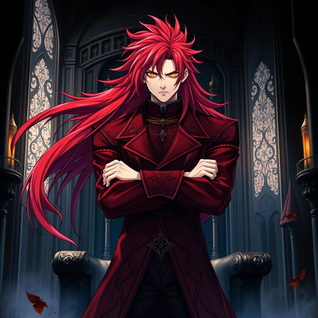 A striking light novel cover featuring a tall male character with long, shaggy crimson hair that dramatically flows around him, capturing the viewer's attention