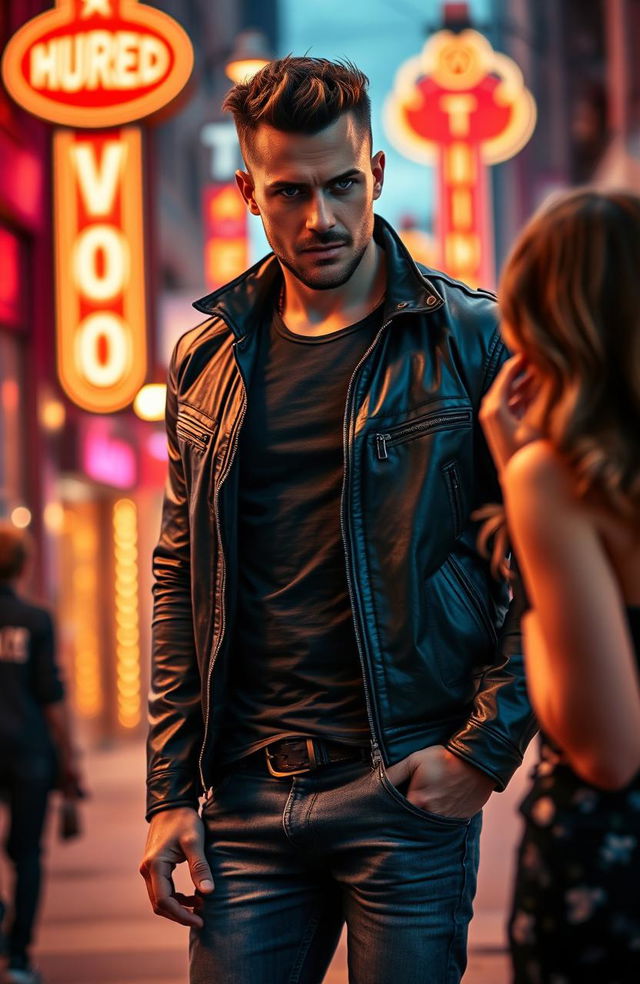 A charismatic alpha male in a modern urban setting, exuding confidence and charm
