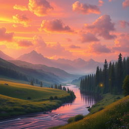 A vast landscape that captures the essence of a fantasy world, featuring rolling hills under a vibrant sunset