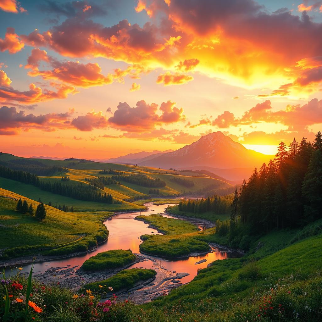 A vast landscape that captures the essence of a fantasy world, featuring rolling hills under a vibrant sunset