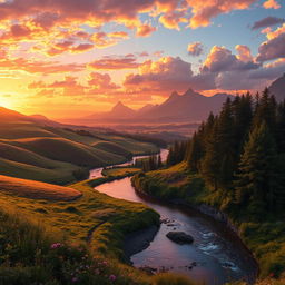 A vast landscape that captures the essence of a fantasy world, featuring rolling hills under a vibrant sunset