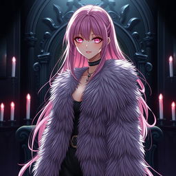 An alluring light novel cover featuring a tall female character with long, flowing pink hair that cascades down her shoulders