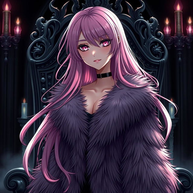 An alluring light novel cover featuring a tall female character with long, flowing pink hair that cascades down her shoulders