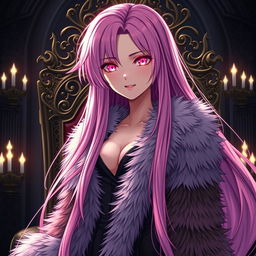 An alluring light novel cover featuring a tall female character with long, flowing pink hair that cascades down her shoulders