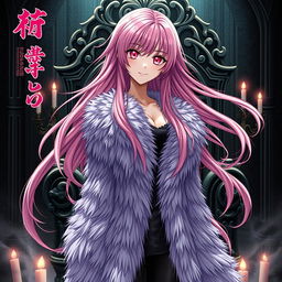 An alluring light novel cover featuring a tall female character with long, flowing pink hair that cascades down her shoulders