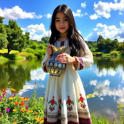 A girl wearing traditional Mazandaran dress, standing gracefully by a serene pond, holding a beautiful, intricately designed jug
