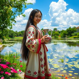 A girl wearing traditional Mazandaran dress, standing gracefully by a serene pond, holding a beautiful, intricately designed jug