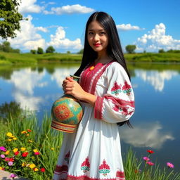 A girl wearing traditional Mazandaran dress, standing gracefully by a serene pond, holding a beautiful, intricately designed jug