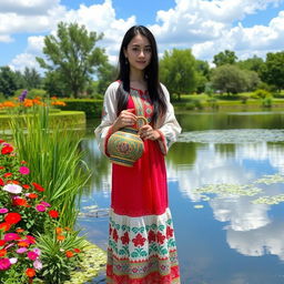 A girl wearing traditional Mazandaran dress, standing gracefully by a serene pond, holding a beautiful, intricately designed jug