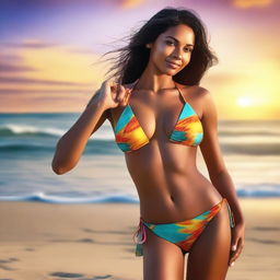 A high-quality digital art image showcasing a confident woman in a stylish bikini striking a captivating pose