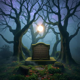 A mysterious scene set in an ancient, fog-covered forest at twilight