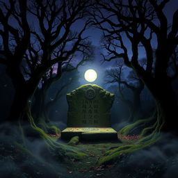A mysterious scene set in an ancient, fog-covered forest at twilight