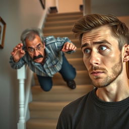 A 60-year-old man with a black mustache and salt-and-pepper hair is in the process of falling down a staircase