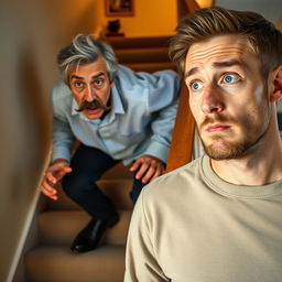A 60-year-old man with a black mustache and salt-and-pepper hair is in the process of falling down a staircase