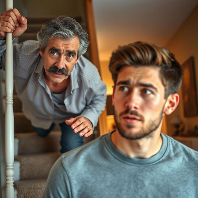 A 60-year-old man with a black mustache and salt-and-pepper hair is in the process of falling down a staircase