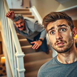 A 60-year-old man with a black mustache and salt-and-pepper hair is in the process of falling down a staircase