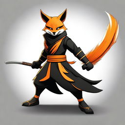 This is a high-quality digital art image featuring a ninja fox in black and orange attire