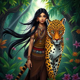 A captivating scene illustrating the legend of Mina and her majestic leopard companion