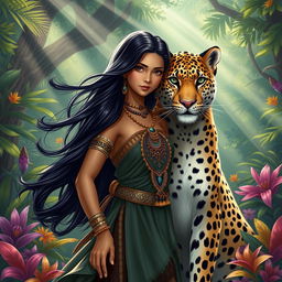 A captivating scene illustrating the legend of Mina and her majestic leopard companion