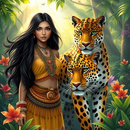 A captivating scene illustrating the legend of Mina and her majestic leopard companion