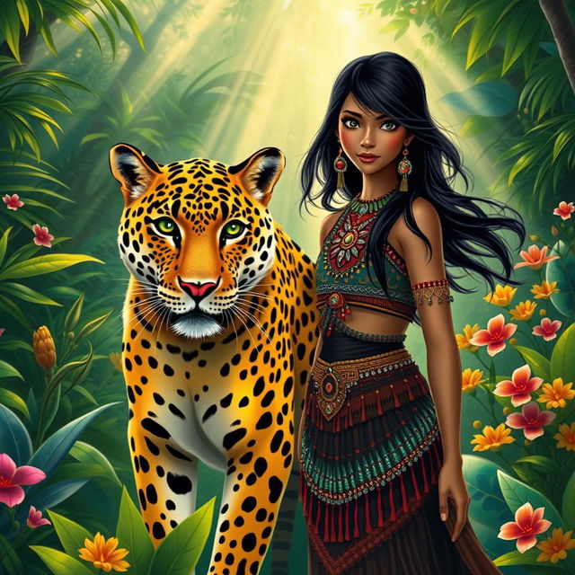 A captivating scene illustrating the legend of Mina and her majestic leopard companion