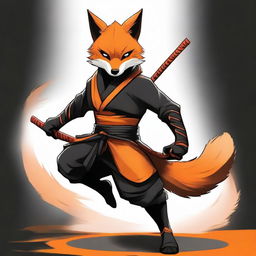 This is a high-quality digital art image featuring a ninja fox in black and orange attire