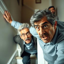 A sixty-year-old man with a black mustache and gray hair is falling down stairs