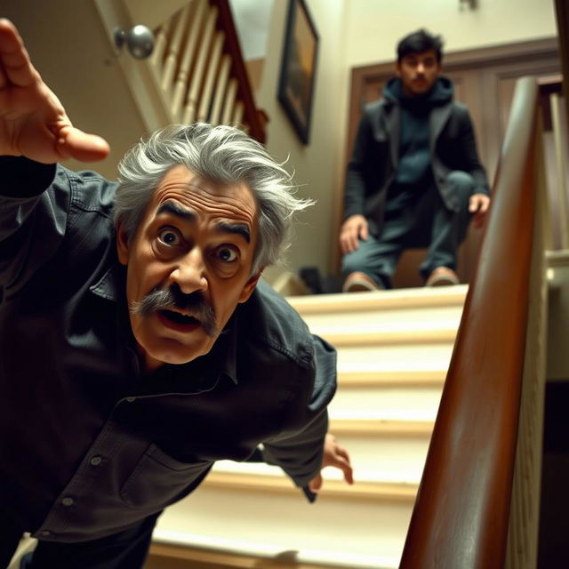 A sixty-year-old man with a black mustache and gray hair is falling down stairs