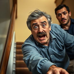 A sixty-year-old man with a black mustache and gray hair is falling down stairs